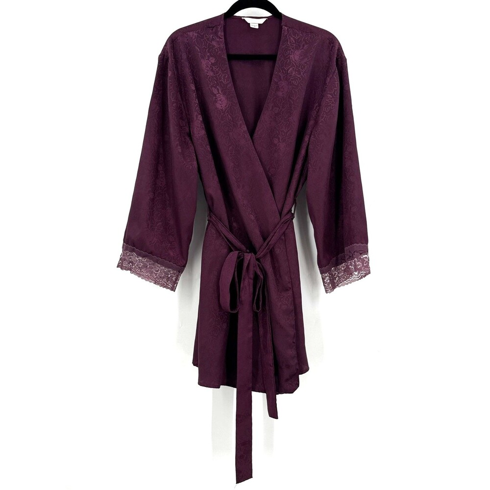 Gaviota Robe Women 1X Burgundy Floral Jacquard Lace Trim Satin Dark Romantic